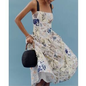 Anthropologie Maeve Cotton Sleeveless Square-Neck Tile Printed Midi Dress